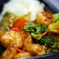 Ginger Shrimp Broccoli · Sweet soy sauce, broccoli, carrots, ginger and garlic.