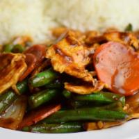 Asian Curry Chicken · Sliced chicken, long beans, carrots, onions, yellow curry coconut and milk sauce.