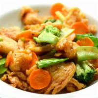 Asian Spicy Chicken · Sliced crispy chicken, broccoli, snow peas, carrots, sweet and spicy orange garlic sauce.