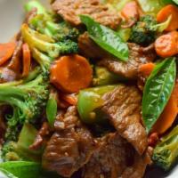 Thai Basil Beef · Broccoli, green and red peppers, carrots, fresh basil and spicy brown sauce.