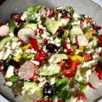 Greek Salad · Greek dressing, Romaine lettuce, tomato, cucumber, bell pepper, green and red onions, radish...