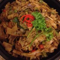 Shrimp Drunken Noodles · Sauteed thick flat rice noodles with shrimp, bamboo shoots, bell peppers, string beans, garl...