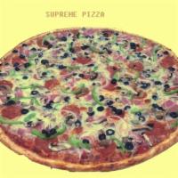 Supreme Specialty Pizza · Pepperoni, sausage, Canadian bacon, bell peppers, mushroom, onions and black olives.