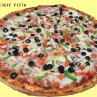 Veggie Specialty Pizza · Black olives, tomatoes, bell peppers, red onions and mushrooms. Vegetarian.