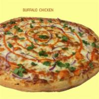 Buffalo Chicken Specialty Pizza · Chicken, spicy buffalo sauce, red onions, fresh cilantro, and mozzarella cheese.