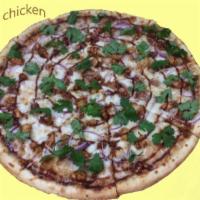 BBQ Chicken Specialty Pizza · Red onions, special BBQ sauce, fresh cilantro, chicken and mozarella cheese.