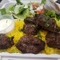 beef sirloin kebab platter · beef kebabs and rice
