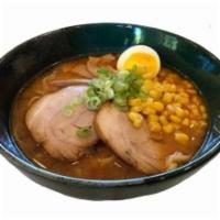 Miso Ramen · Ramen noodle in soy bean broth with pork, bamboo, hard boiled egg, corn and scallions.