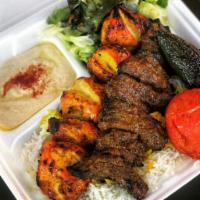 Lord Kabob Combo Plate · Skewer of Steak Beef and Chicken Thigh served with Rice or French Fries, Salad, Pita Bread, ...