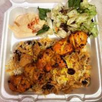 Chicken Thigh Kabob Combo Plate · Juicy dark meat Chicken served with Rice or French Fries, Salad, Pita Bread, with your choic...