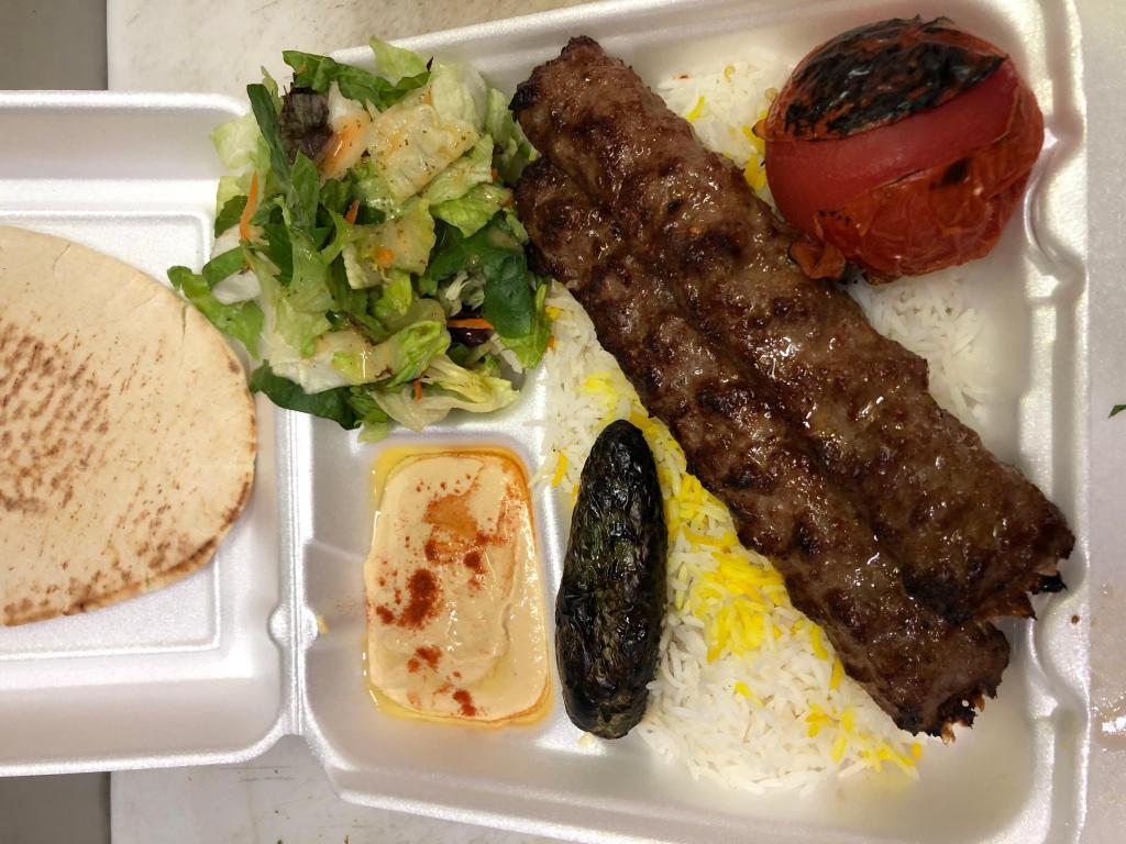 Beef Luleh (Koobideh) · 2 skewers of Ground Beef served with Rice or French Fries, Salad, Pita Bread, with your choice of Hummus or Tzatziki (Yogurt Dip). 