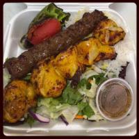 Vaziri Kabob Combo Plate · Skewer of Chicken Thigh and Ground Beef served with Rice or French Fries, Salad, Pita Bread,...