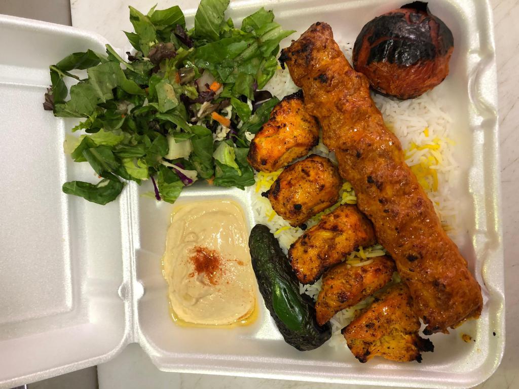 Chicken Soltani · Skewer of Chicken Breast and skewer of Ground Chicken served with Rice or French Fries, Salad, Pita Bread, with your choice of Hummus or Tzatziki (Yogurt Dip).