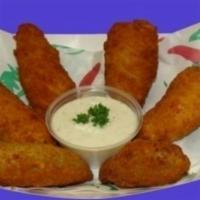 Jalapeno Poppers · Breaded jalapenos stuffed with cheddar cheese, served with home-style ranch dressing.