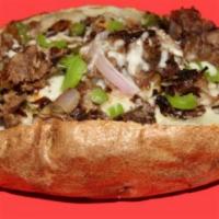 Philly Cheese Steak Potato · Butter, grilled beef steak, grilled green peppers, grilled red onions and mozzarella cheese.