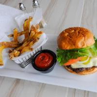 Bistro Burger · Served with our homemade 1/4 Angus beef burger topped with crispy romaine lettuce, tomatoes,...