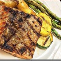 Grilled Salmon · With vegetables. Gluten free.
