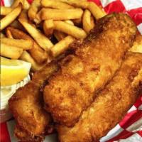fish and chips · beer battered caught Atlantic cod with fries, coleslaw and tartar sauce! yum.. ask for Malt ...