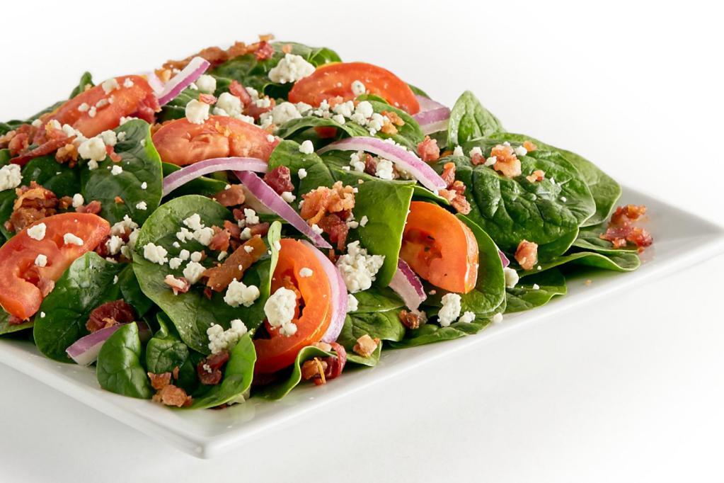 Spinach Tomato Salad · Baby spinach, fresh Roma tomato, red onion, applewood-smoked bacon, Gorgonzola cheese.