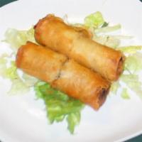 Spring Rolls · 2 pieces. Deep fried spring rolls stuffed with pork and vegetables. Served with sweet and so...