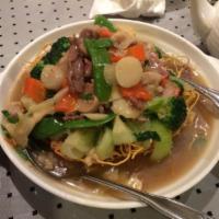 Hong Kong Style Chow Mein · Sauteed BBQ pork, chicken, beef and shrimp. Lightly deep fried Hong Kong style thin egg nood...