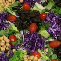 Italian Green Salad · Crispy Romaine & Iceberg lettuce, garbanzo beans, Black olives,grape tomatoes and red cabbag...