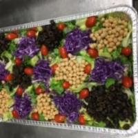 Green Salad Tray · Crispy Romaine & Iceberg lettuce, garbanzo beans, Black olives,grape tomatoes and red cabbag...
