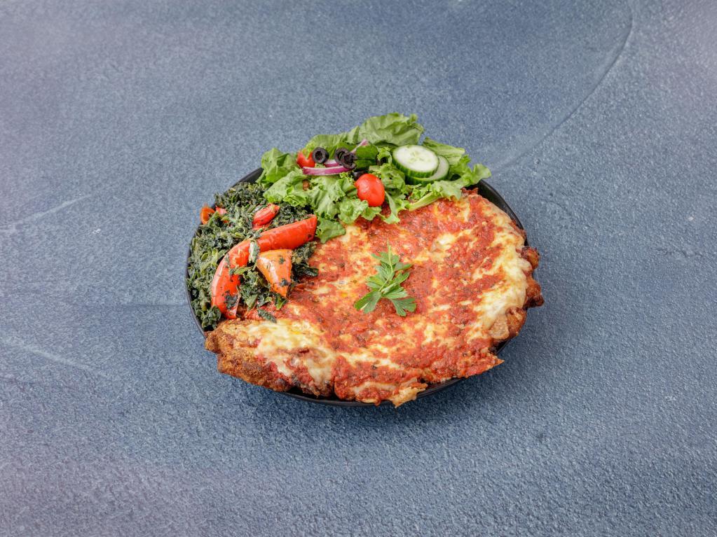 Chicken Parmigiana · Breaded chicken baked in the oven topped with marinara sauce and mozzarella cheese.