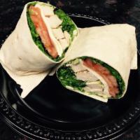 Chicken Pesto Wrap · Mesclun, mozzarella cheese, tomatoes, chicken and pesto sauce