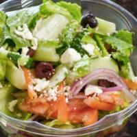Greek Salad · Romaine, kalamata olives, tomatoes, red onions, cucumbers, oregano, feta and oil and vinegar 