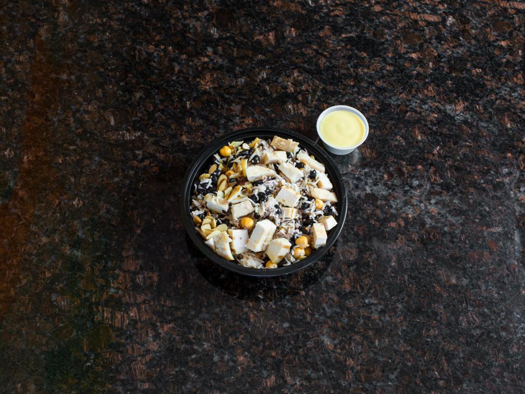 Protein Punch bowl · Grilled all natural chicken, black bean, chickpeas, sunflower seeds, almonds and healthy rice mix with honey dijon dressing.