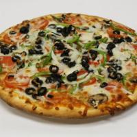 Veggie Pizza · Pizza sauce, Mozzarella Cheese, Mushrooms, Bell Peppers, Onions, Black Olives and Tomatoes.