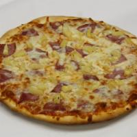 Hawaiian Pizza · Pizza sauce, Mozzarella Cheese, Canadian Bacon and Pineapple.