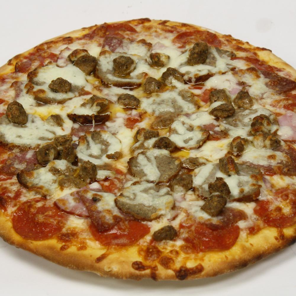 Meat Lover Pizza · Pizza sauce, Mozzarella Cheese, Pepperoni, Canadian Bacon, Sausage, Salami and sliced Meatballs.