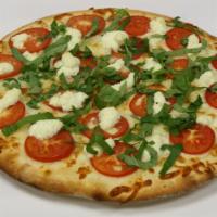 Margarita Pizza · White sauce with Mozzarella Cheese, fresh Tomatoes, Ricotta and fresh Basil.
