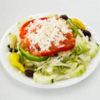 Greek Salad · Romaine and iceberg lettuce with red and green peppers, cucumbers, onions, tomatoes, kalamat...