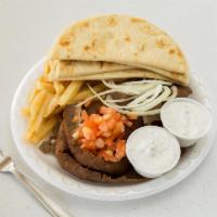 The Platter · Your choice of meat, two pita breads, tomatoes, onions and extra tzatziki sauce served with ...
