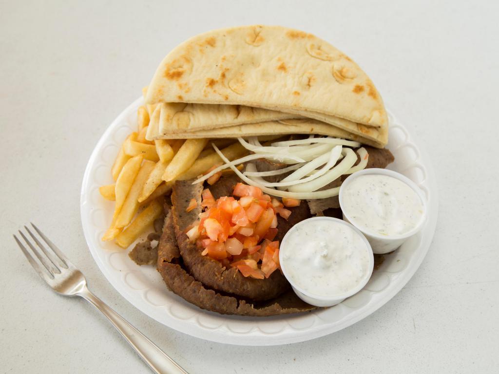 The Platter · Your choice of meat, two pita breads, tomatoes, onions and extra tzatziki sauce served with Greek salad and your choice of rice or fries.