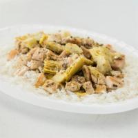 Chicken Faliro · Chicken breast with artichokes and capers in an olive oil and lemon wine sauce. Served over ...