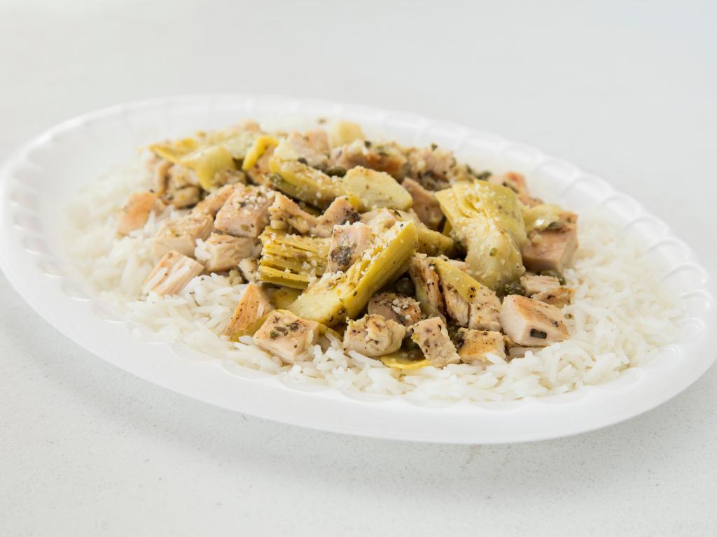 Chicken Faliro · Chicken breast with artichokes and capers in an olive oil and lemon wine sauce. Served over pasta or rice with Greek salad and garlic bread.