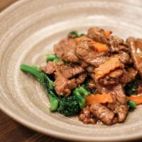 Beef and Broccolini · Premium flank steak, fresh broccolini, and carrot stir-fried in garlic oyster sauce