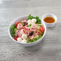 Signature Antipasto Salad · Genoa salami, ham, fresh pulled mozzarella cheese, fire-roasted red peppers, tomato, red oni...