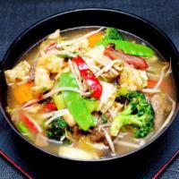 Thai Spicy Rice Noodles in Soup (Spicy) · Served with broccoli, cabbage, mushrooms, snow peas, sweet pepper, bamboo shoots and bean sp...