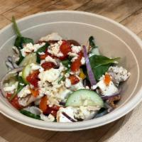 Greek Breakfast Bowl · Egg whites, turkey, roasted tomato, chickpeas, cucumber, roasted red pepper, red onion, spin...