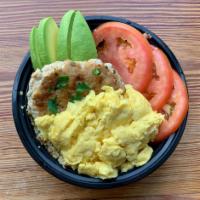 The Fit Breakfast Bowl · Two eggs, turkey burger, avocado, tomato, quinoa.