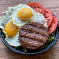 Beyond Burger Breakfast Bowl (100% plant protein) · Two fried eggs, beyond burger, tomato, baby kale.
