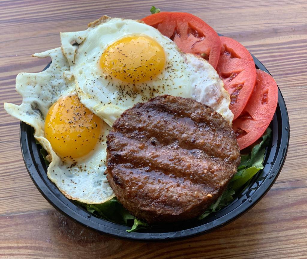Beyond Burger Breakfast Bowl (100% plant protein) · Two fried eggs, beyond burger, tomato, baby kale.