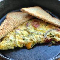 Morning Sunshine Breakfast Omelette · Asparagus, roasted grape tomato, onion, cheddar cheese. Served with whole wheat toast and a ...