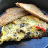 Barn House Breakfast Omelette · Pork sausage, roasted mushroom, red bell pepper, Swiss cheese. Served with whole wheat toast...