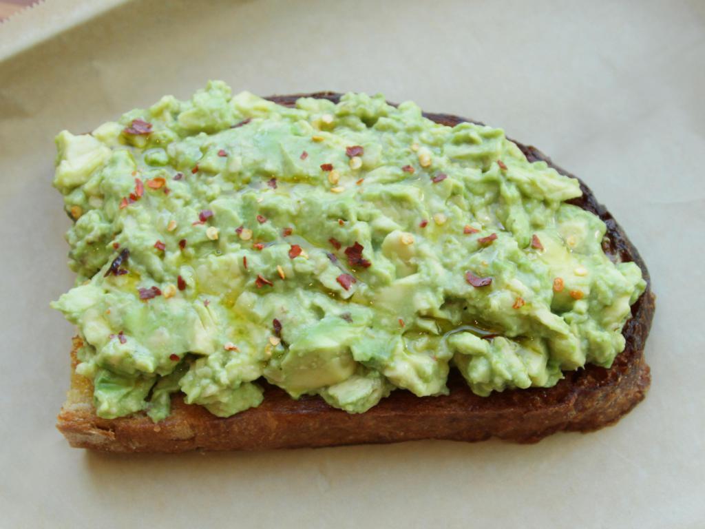 Classic Avocado Toast · Smashed avocado, red pepper flakes, EVOO, on sourdough bread.